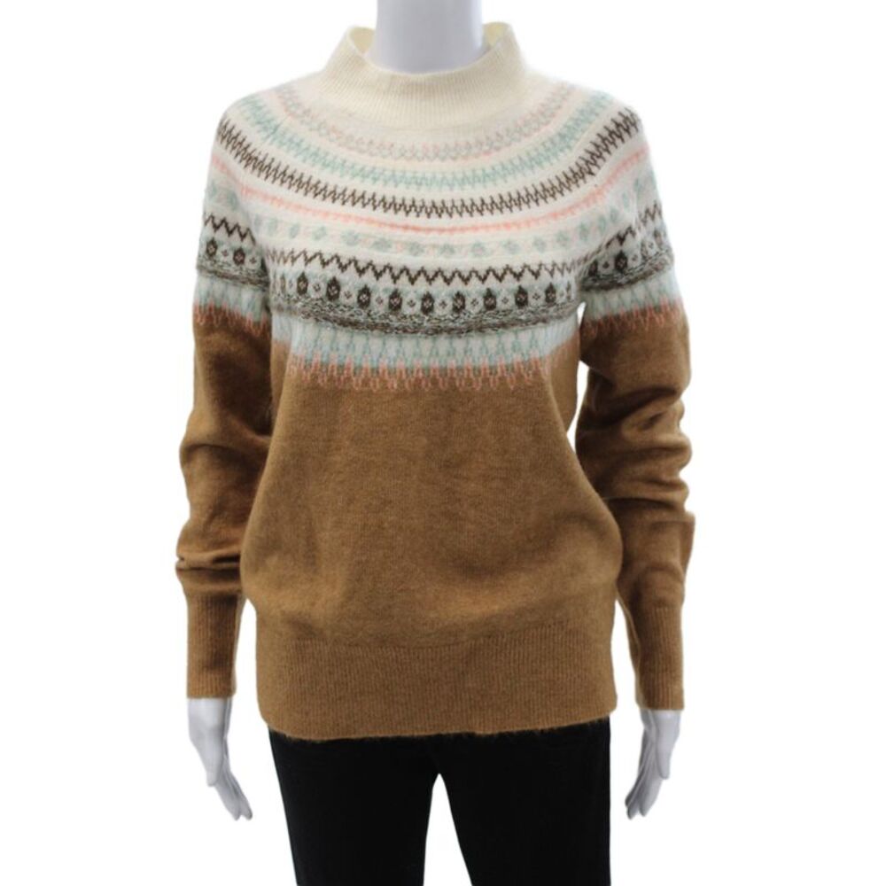 Fatface Women Brown Fair Isle Mock Neck Pullover Sweater Size 6